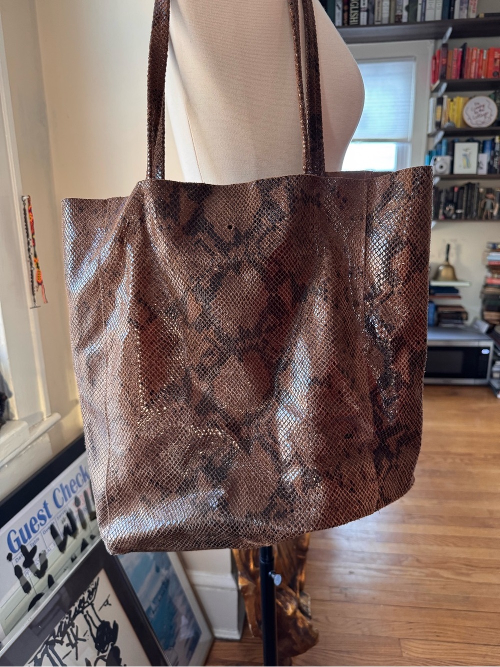Brown leather snakeskin tote bag